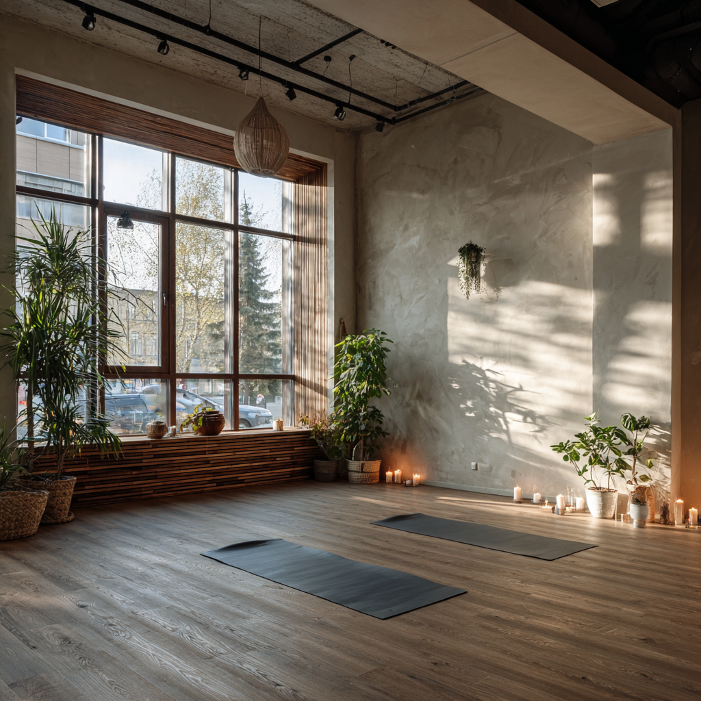 Clase de yoga grupal en estudio tranquilo